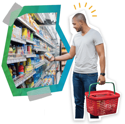 a shopper (man) holding a grocery basket and can while looking at a shelf of items