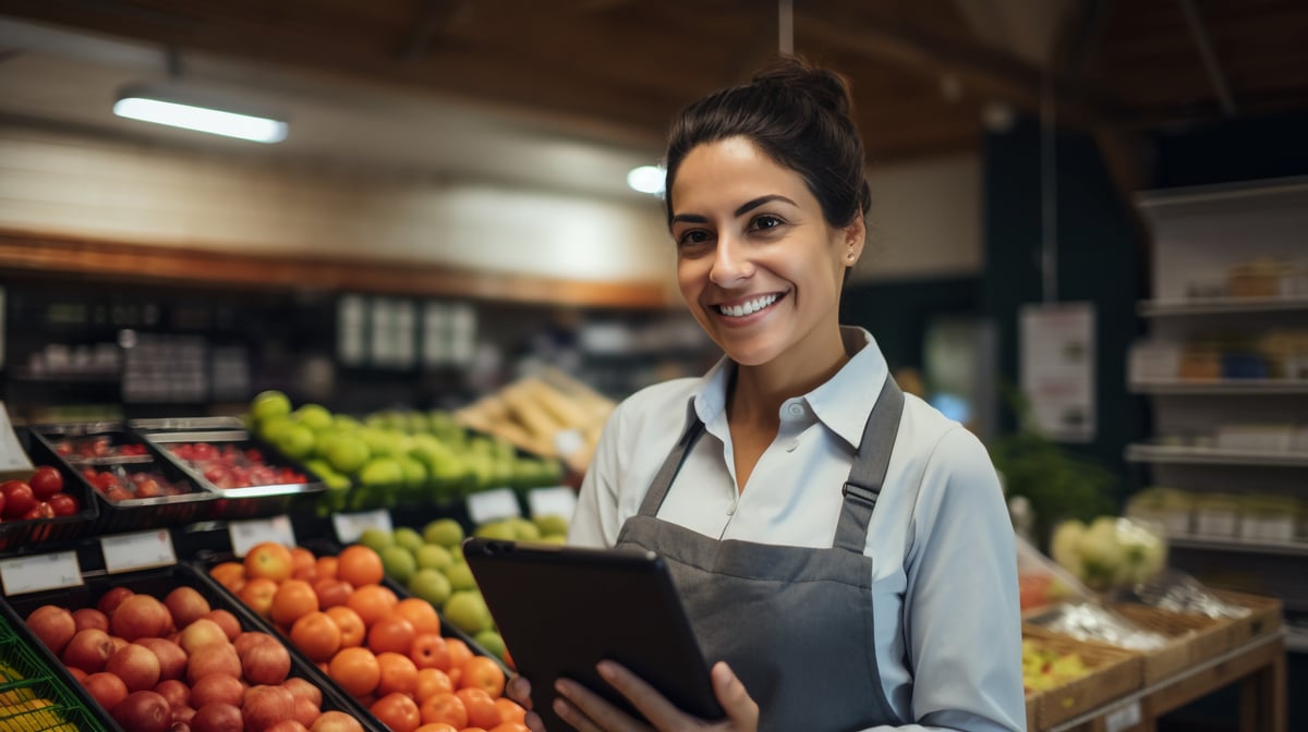 grocery store employee using retail technology
